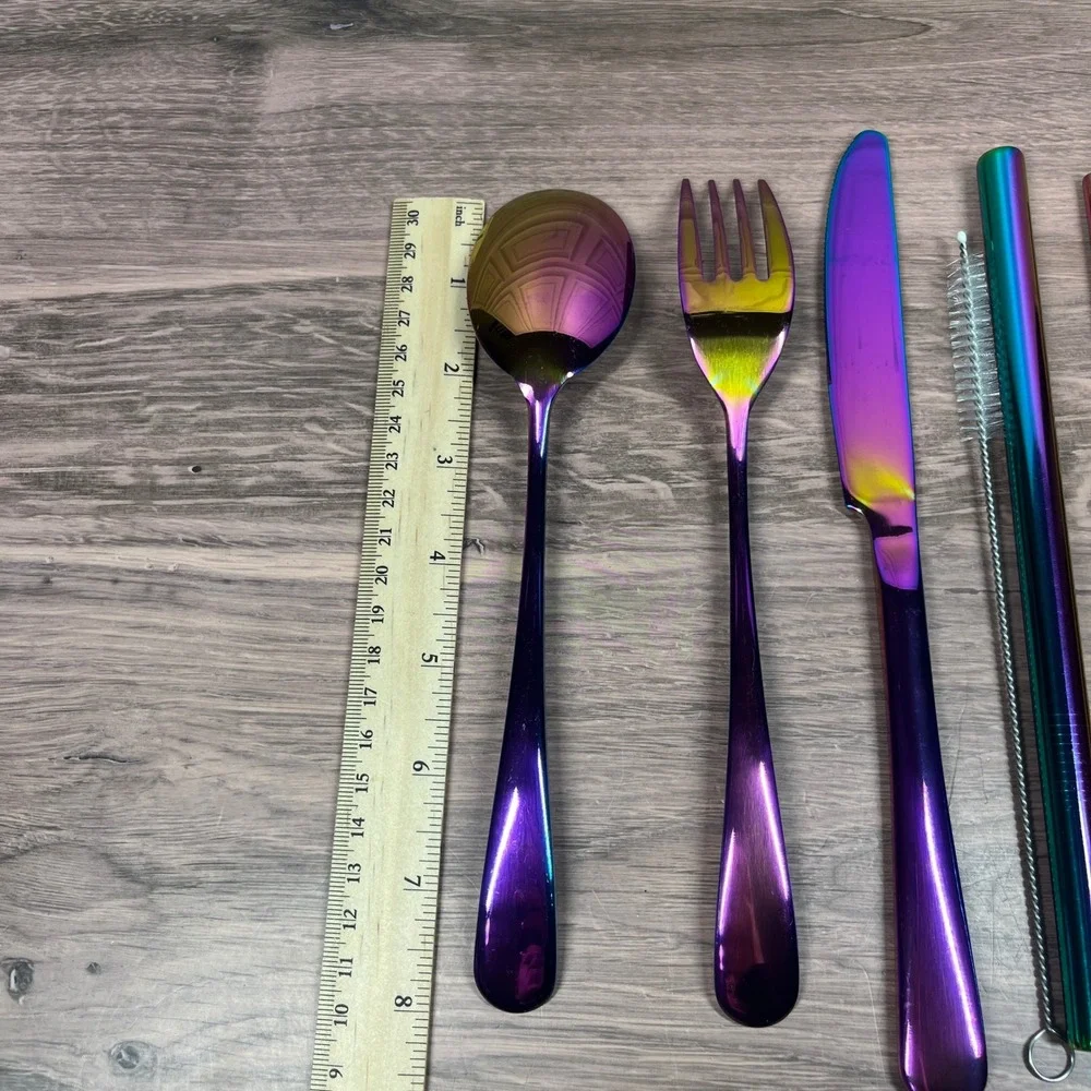 Rainbow Stainless Travel Cutlery Set Iridescent 7pc Kit with Black Case